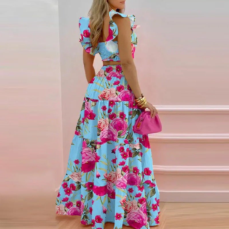 OUTZIDR Blue Ruffle Sleeves Tiered Flared Skirt Co-Ord Set - Image 2